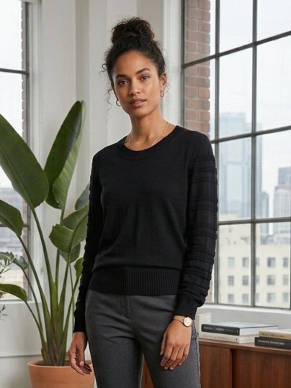 Sarah Pacini Black Knitted Women's Top Sweater Detailed Sleeves One Size NWT